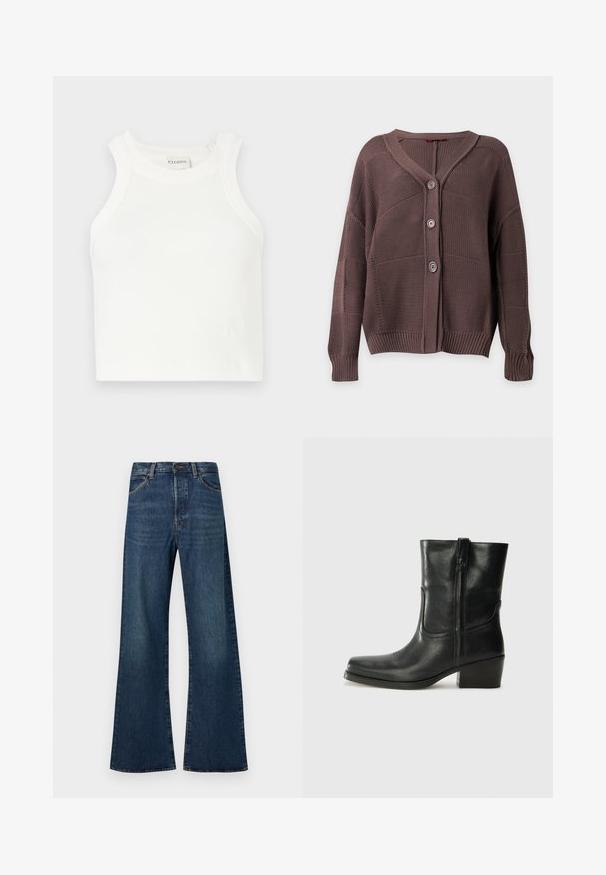 Brun strikket cardigan med tre knapper, ribkant ved ærmer og bund samt V-hals på ensfarvet baggrund.; Hvid ribbet tanktop med brede skulderstropper og en tætsiddende silhuet. Har et lille præget logo nær kanten.; Mørkeblå jeans i høj talje med vidde i benene, frontknapper og lynlåslukning samt forlommer.; Sort læder ankelstøvle med rundt tå, blokhæl, lynlås i siden og stikninger på vampsiden. Glat tekstur, klassisk design.