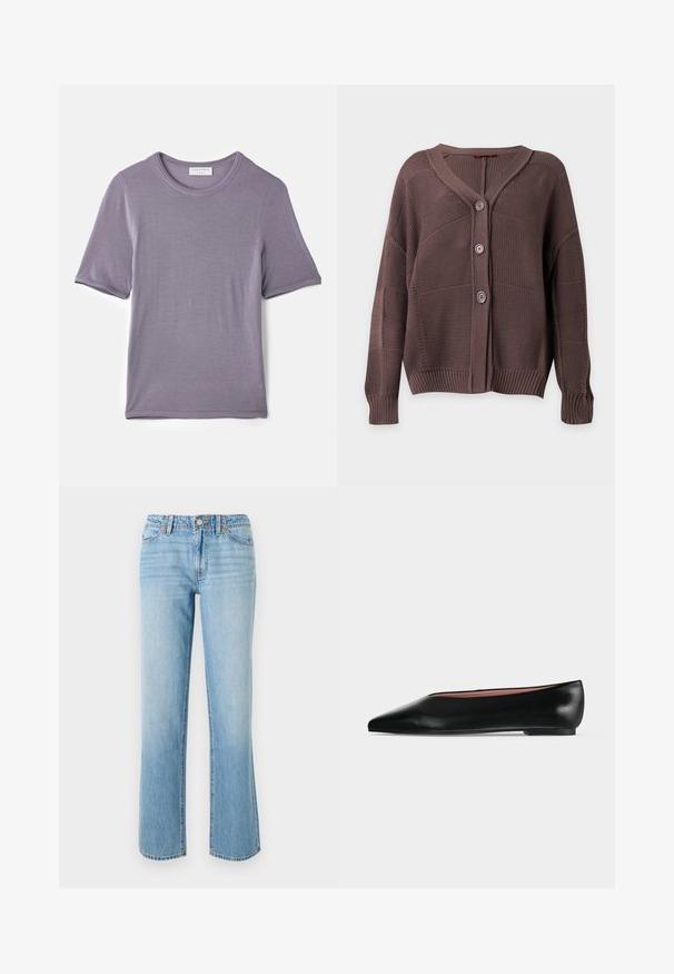 Brun strikket cardigan med tre knapper, ribkant ved ærmer og bund samt V-hals på ensfarvet baggrund.; Lilla kortærmet t-shirt lavet af blødt stof, med en rund hals og en lige kant, med en glat tekstur og uden synlige mønstre.; RE/DONE THE SANASA - Jeans Relaxed Fit - media noche; Sort damesko i læder med flad hæl og spids tå, vist fra siden på en ensfarvet lys grå baggrund.