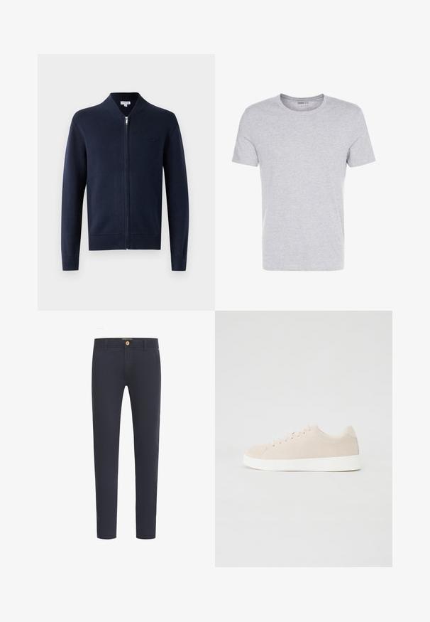 Cárdigan de punto navy con cierre de cremallera, cuello alzado y puños acanalados. Presenta un pequeño logo en el pecho como detalle.; Camiseta de algodón gris con cuello redondo, mangas cortas y un diseño liso, que presenta una textura suave y lisa, sin patrones ni adornos visibles.; Pantalones azul marino hechos de una tela suave, con un ajuste regular, diseño de cinco bolsillos y cierre frontal con botón.; Zapatillas de ante beige con suelas de goma blanca, puntera redondeada y seis ojales para los cordones. Textura suave con un diseño minimalista.