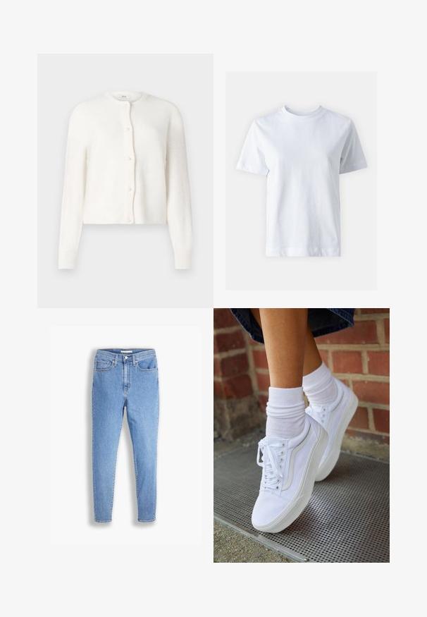 Witte geribde cardigan met ronde hals, lange mouwen en zes parelknopen als accenten aan de voorkant. Zachte textuur en cropped pasvorm.; Witte katoen t-shirt met een ronde hals, korte mouwen, een rechte snit en een gladde textuur. Geen patronen of versieringen.; Lichtblauwe hoge taille slim-fit jeans met voor- en achterzakken, knoopsluiting en riemlussen op een witte achtergrond.; Witte canvas sneakers met rubberen zolen, voorzien van zes vetertjes, een ronde neus en lichte stikdetails, gecombineerd met witte enkelsokken.