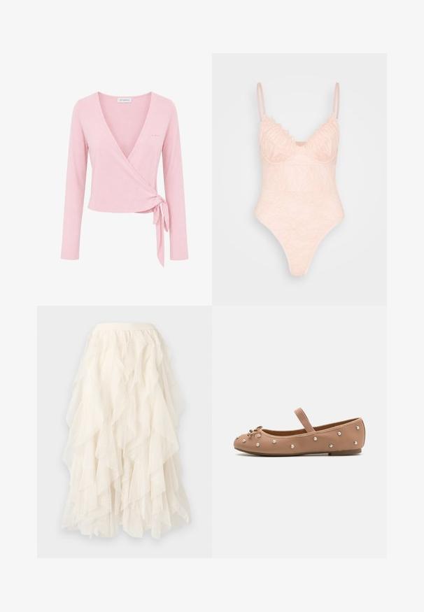 Vaaleanpunainen pitkähiha wrap-toppi V-kaula-aukolla ja sivusolmimisella, jossa on pieni "OH APRIL" logo lähellä rintaa.; IN THE STYLE LINGERIE BODYSUIT - Toppi - rosé; Kermaruokainen tulle-hame, jossa on pehmeitä rypytyksiä ja hienovarainen pistekuvio, varustettuna tiukalla vyötärönauhalla.; Tan nahkalavu ballet flat, jossa on pyöristetty kärki, koristeellinen rusetti ja helmikoristelu sivuilla. Elastinen hihna varmistaa mukautuvan istuvuuden.
