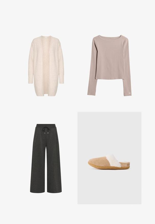 Lys beige cardigan lavet af blødt stof, med åben front, lange ærmer og små, spredte perler for ekstra tekstur.; Lys beige langærmet skjorte lavet af blødt, strækbart stof. Har en bred halsudskæring og en let cropped bund. Diskrete syninger.; Mørkegrå, bredbenede bukser lavet af blødt stof, med elastisk talje og snøre samt to sidelommer.; Tannubuck slip-on tøfler med hvid fluffy foring og gummisål, vist i profilen til siden på hvid baggrund.