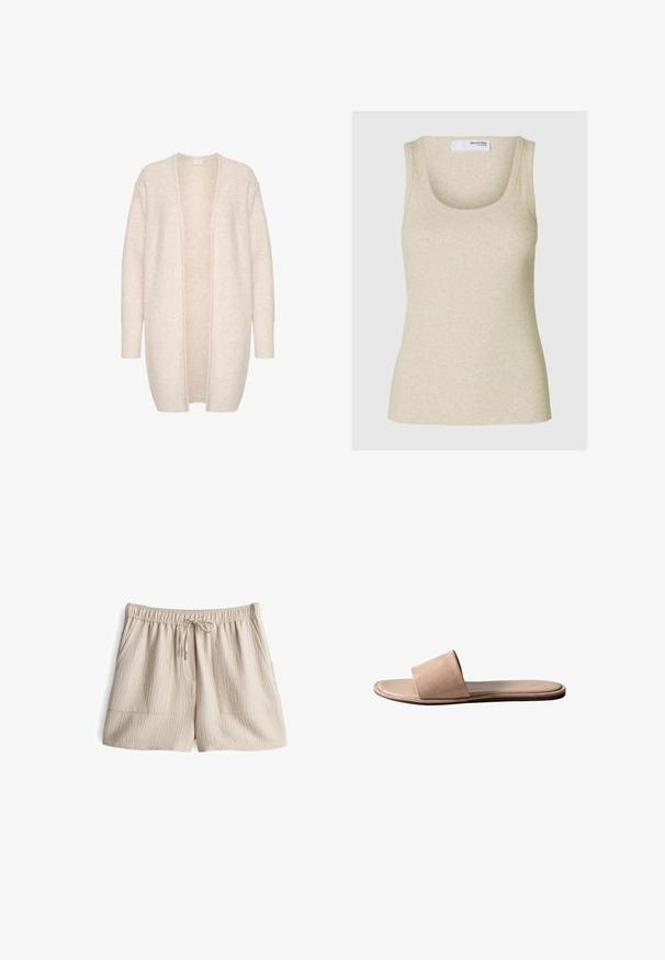 Hellbeige Strickjacke aus weichem Stoff, mit offener Vorderseite, langen Ärmeln und kleinen, verstreuten Pailletten für zusätzliche Textur.; Beige gerippter Tanktop mit einem Rundhalsausschnitt und breiten Schulterträgern. Hergestellt aus weichem Material und mit einer figurbetonten Silhouette.; Beige Shorts mit elastischem Bund und Kordelzug, aus strukturiertem Stoff mit zwei Fronttaschen. Mittlere Oberschenkel-Länge.; Beige flache Wildleder-Sandale mit breitem Riemen und dünner Sohle, seitlich vor weißem Hintergrund gezeigt.