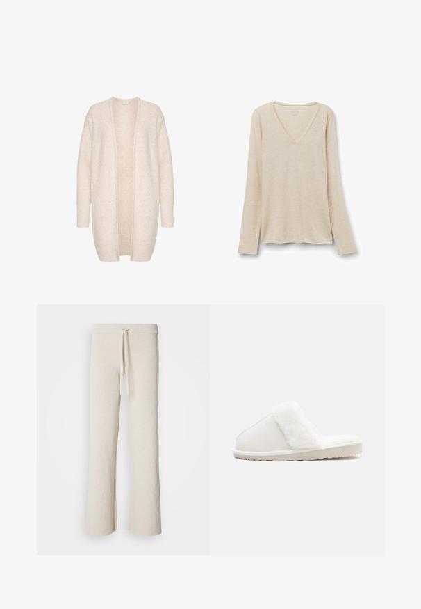 Gilet beige clair en tissu doux, à enfiler, avec des manches longues et de petites paillettes dispersées pour ajouter de la texture.; Haut à manches longues en tissu beige clair avec une texture douce. Coupe décontractée avec un ourlet droit et un design minimaliste.; Pantalons larges beiges en tissu doux, dotés d'une taille élastique avec cordon de serrage et d fentes sur les côtés à l'ourlet.; Chausson blanc avec une bande en fausse fourrure douce, tige en feutre, semelle matelassée et fond en caoutchouc texturé pour l'adhérence. Design simple et arrondi.