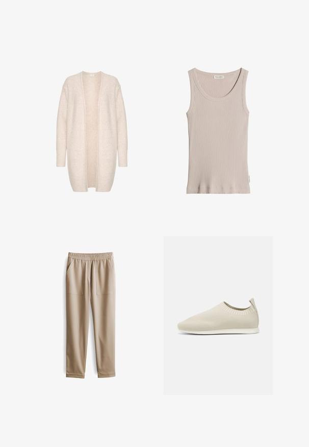 Lichtbeige cardigan gemaakt van zachte stof, met een open voorkant, lange mouwen en kleine, verspreide pailletten voor extra textuur.; Beige geribd mouwloos tanktopje met ronde hals, zichtbaar merklabel binnenin de kraag en een klein zijlabel op een effen witte achtergrond.; Beige elastische broeken met een tailleband, twee voorzakken, taps toelopende pijpen en een gladde textuur, geschikt voor casual kleding.; Beige gebreide instap schoen met een lage profiel, textuur bovenkant en een flexibele zool. Kenmerkt zich door een geweven ontwerp rond de enkel voor comfort.
