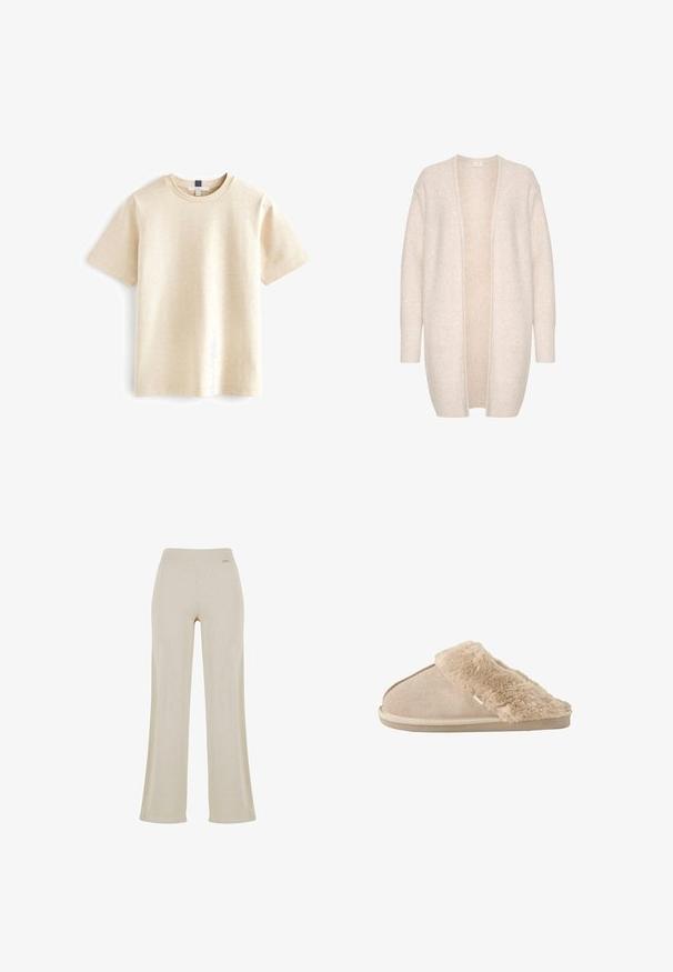 Cárdigan beige claro hecho de una tela suave, con un frente abierto, mangas largas y pequeños brillantes dispersos para añadir textura.; Camiseta de manga corta beige hecha de algodón suave, con un escote redondo y un corte relajado con una textura sutil.; Pantalones de pierna ancha beige con una suave textura acanalada, cinturilla elástica y sin adornos visibles, que ofrecen una silueta relajada.; Zapatilla beige sin cordones con exterior de ante suave y forro interior y borde mullidos y esponjosos, diseñada para la comodidad en interiores.