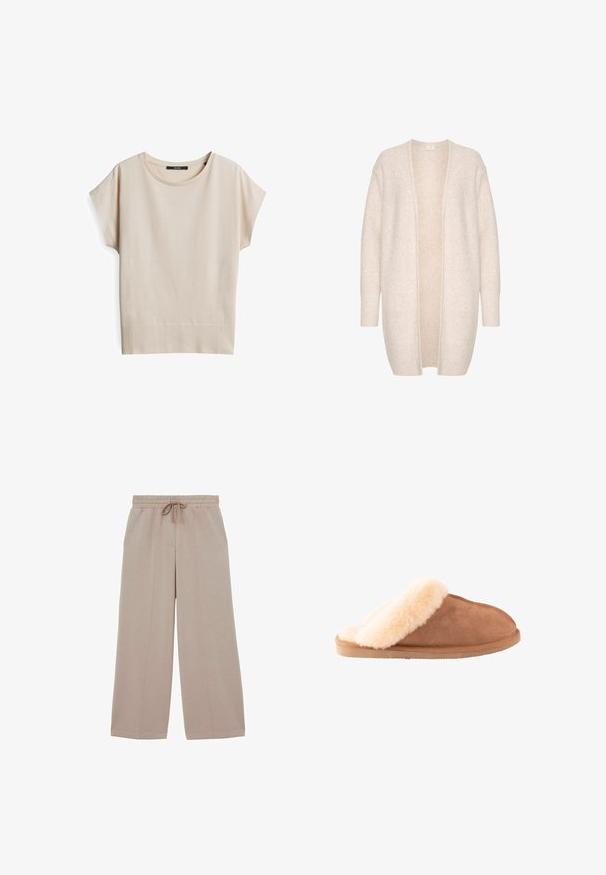 Lichtbeige cardigan gemaakt van zachte stof, met een open voorkant, lange mouwen en kleine, verspreide pailletten voor extra textuur.; Korte mouwen beige top gemaakt van zachte, gestructureerde stof. Heeft een ronde halslijn en een ribbelsrand, met een ontspannen pasvorm.; Beige wijde broek met elastische taille en trekkoord, met details aan de voornaad en een ontspannen pasvorm.; Bruine suède instappantoffel met dikke crèmekleurige fleece voering en zool, ontworpen voor comfort en warmte binnenshuis.