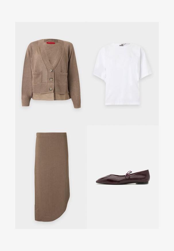 Taupe strikket cardigan med tre knapper, to forlommer, ribbet manchetter og kant, lagdelt over en matchende skjorte.; Hvid kortærmet t-shirt med rund hals, afslappet pasform og diskret rynkedetalje på siderne, vist mod en lys baggrund.; Brun blyantskørte til knæet med asymmetrisk kant og tilpasset talje, vist mod en hvid baggrund.; Ballethæle i bordeaux laklæder med spids tå og en dekorativ lilla sløjfe på forfoden; flad såldesign.