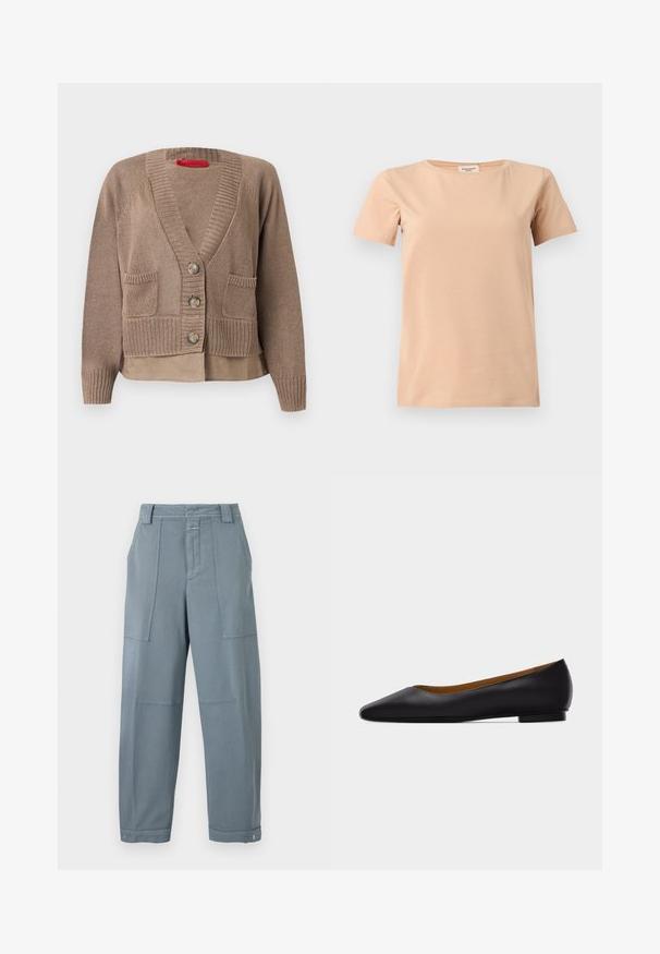 Cardigan en maille taupe avec trois boutons, deux poches avant, poignets et ourlet côtelés, superposé à un ourlet de chemise assortie.; T-shirt beige manches courtes avec col rond et ourlet droit sur un fond uni gris clair.; Pantalon droit bleu-gris avec poches plaquées à l'avant, passants pour ceinture, taille boutonnée et poignets réglables à pression aux chevilles.; Chaussure plate en cuir noir à bout pointu avec talon bas et finition lisse, vue de côté sur un fond gris clair.