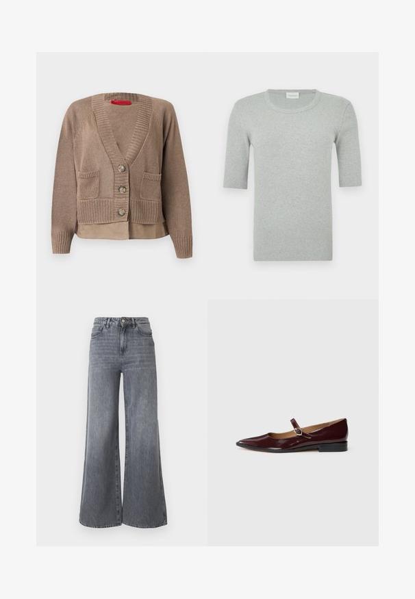 Cardigan en maille taupe avec trois boutons, deux poches avant, poignets et ourlet côtelés, superposé à un ourlet de chemise assortie.; T-shirt gris à manches courtes côtelées avec un col rond. Confectionné dans un tissu doux à la texture lisse, avec un branding minimal sur le côté.; Jean à jambes larges en denim gris délavé. Comprend cinq poches, une fermeture avant par bouton, et une taille haute avec une finition texturée subtile.; Ballerines en cuir verni bordeaux de type Mary Jane avec un bout pointu, un talon plat et une sangle décorative avec une boucle circulaire.