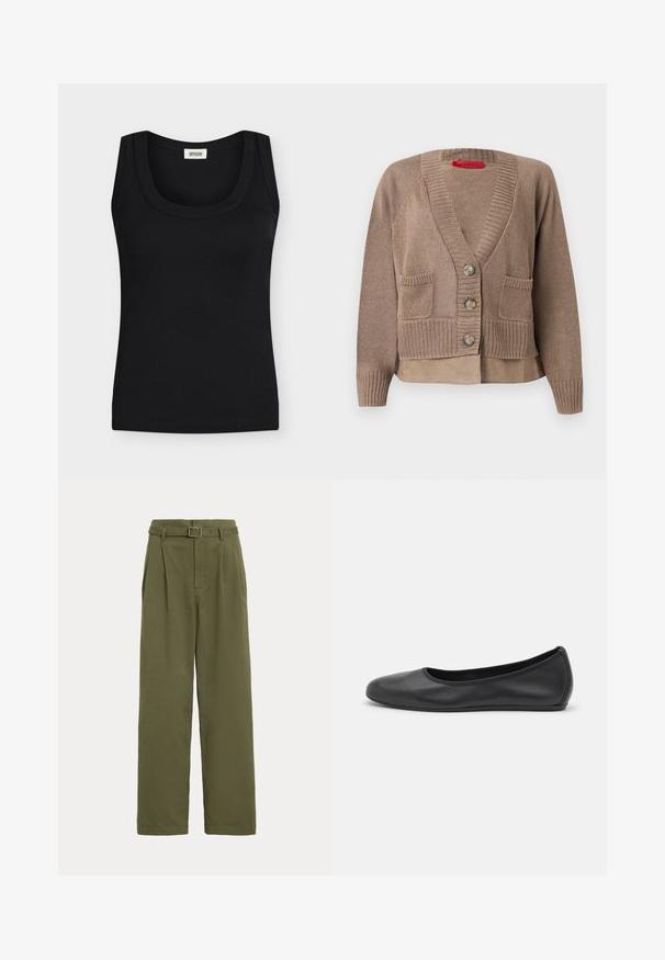 Cardigan en maille taupe avec trois boutons, deux poches avant, poignets et ourlet côtelés, superposé à un ourlet de chemise assortie.; Débardeur noir côtelé sans manches avec larges bretelles et encolure ronde, étiquette de marque visible à l'intérieur du col.; Pantalon large taille haute vert olive avec plis sur le devant et ceinture en tissu assorti avec une boucle rectangulaire en métal.; Ballerines en cuir noir avec un bout rond, texture lisse, détails de couture minimalistes et design de semelle flexible.