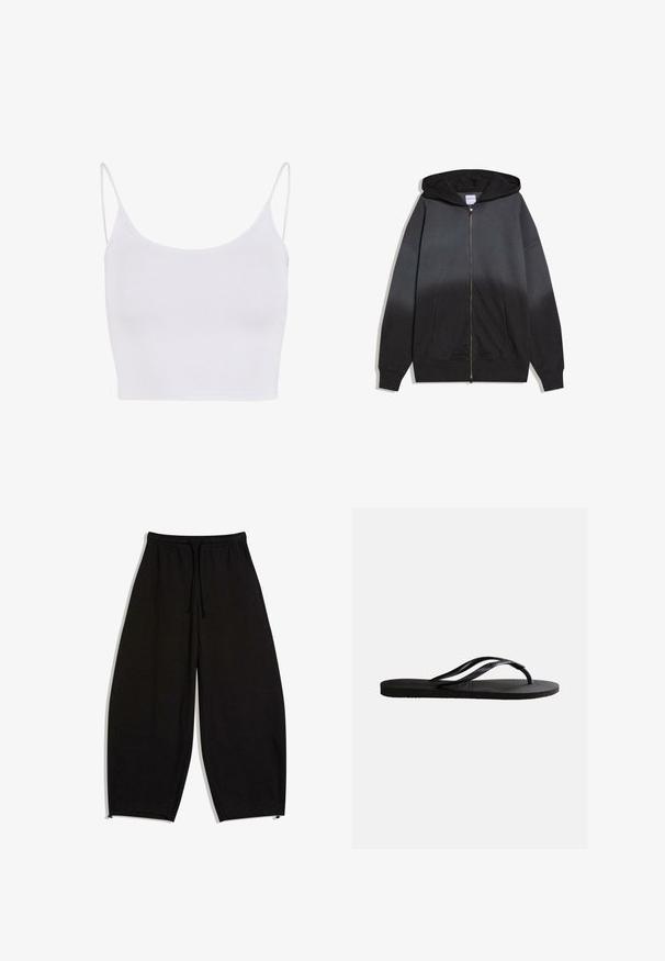 Sweat à capuche zippé noir avec poches avant et poignets côtelés, posé à plat sur un fond blanc.; Haut camisolé blanc avec de fines bretelles réglables, une coupe ajustée et une texture lisse et extensible sans motifs ni embellissements.; Pantalon de survêtement noir ample avec taille élastique, cordon, poches latérales et ourlets réglables.; Sandale tong en caoutchouc noir avec semelle texturée et fines brides en Y sur un fond blanc uni.