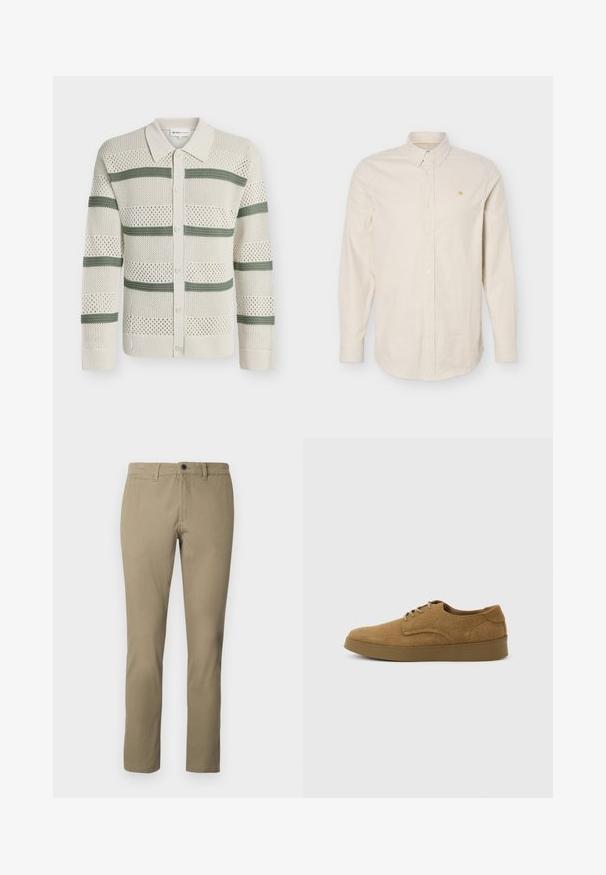 Cardigan en tricot crème avec des rayures horizontales vertes, devant boutonné, col et motif ajouré sur toute la pièce.; Chemise homme à manches longues, boutonnée, avec des rayures verticales beige et blanches et un petit logo brodé jaune sur la poitrine gauche.; Chinos kaki en mélange de coton, avec une coupe droite, une taille standard avec fermeture à bouton et des poches latérales.; Chaussure décontractée à lacets en daim marron avec semelle en caoutchouc plate, vue de côté sur un fond clair uni.