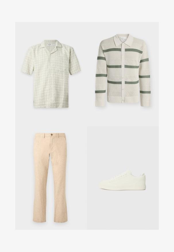 Cardigan en tricot crème avec des rayures horizontales vertes, devant boutonné, col et motif ajouré sur toute la pièce.; Chemise beige clair à manches courtes avec boutons, motif à carreaux discret et une poche avant, posée à plat sur un fond blanc.; Pantalon en lin beige à coupe droite avec fermeture par bouton et zip, passants de ceinture et poches avant sur fond blanc.; Baskets blanches avec une tige à texture lisse, bout arrondi et laçage traditionnel, arborant un design minimaliste et une semelle en caoutchouc.