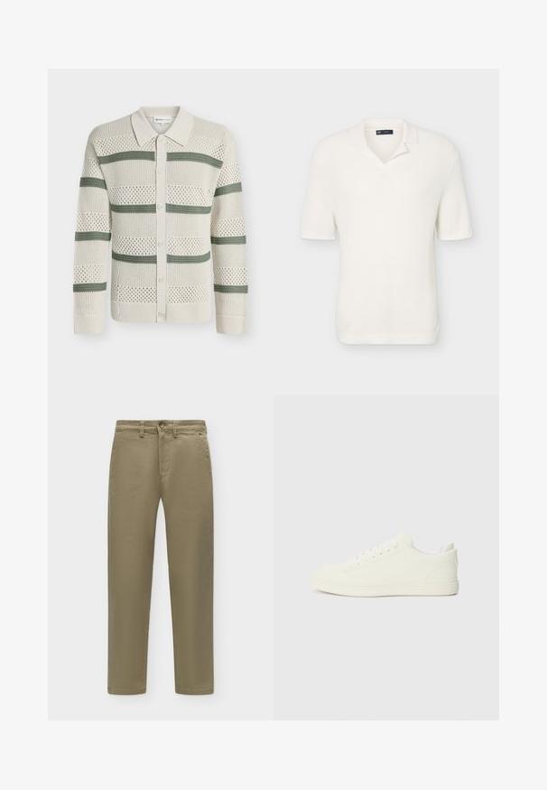 Cardigan en tricot crème avec des rayures horizontales vertes, devant boutonné, col et motif ajouré sur toute la pièce.; Polo blanc en maille à manches courtes, avec un col souple et une texture côtelée, présenté sur un fond clair uni.; Pantalon droit kaki avec bouton et fermeture éclair, passants de ceinture et poches latérales sur un fond clair uni.; Baskets blanches avec une tige à texture lisse, bout arrondi et laçage traditionnel, arborant un design minimaliste et une semelle en caoutchouc.
