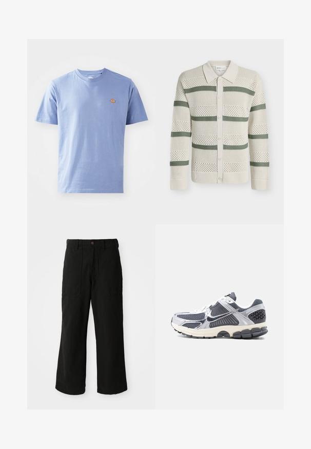 Cardigan en tricot crème avec des rayures horizontales vertes, devant boutonné, col et motif ajouré sur toute la pièce.; T-shirt en coton bleu clair à manches courtes et col rond. Présente un petit logo coloré sur la zone gauche de la poitrine.; Pantalons noirs à large jambe en tissu doux, dotés de poches avant et d'une fermeture à bouton à la taille. Design minimaliste sans motifs visibles.; Baskets de sport pour hommes gris et blanc avec panneaux en mesh, superpositions argentées réfléchissantes, lacets blancs et semelle noire texturée, vue de côté.
