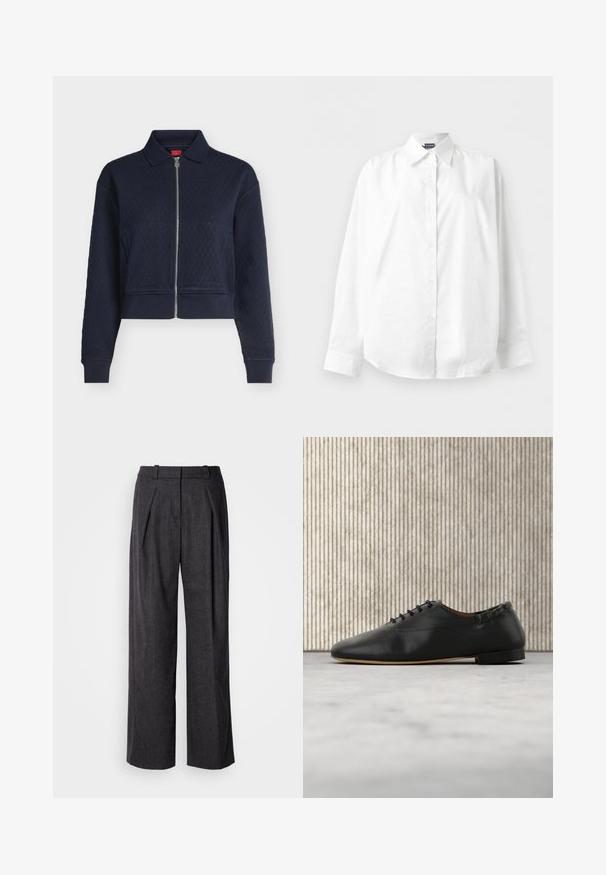 Marineblaue gesteppte Jacke mit durchgehendem Reißverschluss vorne, Kragen, langen Ärmeln und angepassten Bündchen, taillenkurz geschnitten.; Weißes, langärmeliges Hemd mit Knopfleiste und spitzem Kragen, flach auf einem schlichten weißen Hintergrund präsentiert.; Dunkelgraue weite Hosen aus strukturiertem Stoff, mit vorderen Falten und einem klassischen Taillendesign. Keine sichtbaren Taschen.; Schwarzer flacher Schnürschuh aus Leder mit abgerundetem Zehenbereich und niedrigem Absatz, von der rechten Seite auf hellem Hintergrund gezeigt.