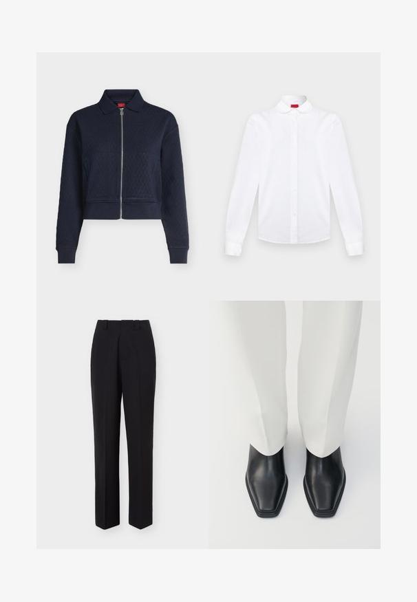Marineblaue gesteppte Jacke mit durchgehendem Reißverschluss vorne, Kragen, langen Ärmeln und angepassten Bündchen, taillenkurz geschnitten.; Weißes langärmliges Hemd mit Knöpfen, rundem Kragen, geknöpfter Vorderseite und Manschetten, auf neutralem Hintergrund präsentiert.; Schwarze, maßgeschneiderte, gerade geschnittene Hose mit Gürtelschlaufen und vorderen Bügelfalten, vor einem schlichten weißen Hintergrund dargestellt.; Schwarze Lederstiefeletten mit spitzem Zeh und niedrigem Blockabsatz, kombiniert mit weißen weiten Hosen. Glatte Textur, elegantes Design.