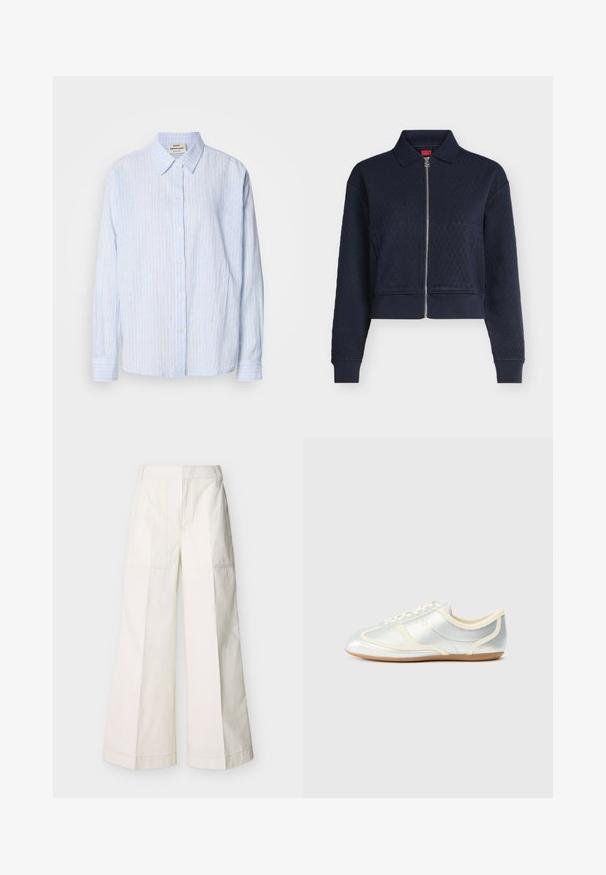 Marineblå quiltet jakke med fuld lynlås foran, krave, lange ærmer og tætsiddende manchetter, afkortet i taljen.; Lyseblå stribet button-up skjorte med klassisk krave, lange ærmer og en afslappet pasform, med smalle vertikale striber i kontrasterende farver.; Bukser med vide ben i hvid bomuld, med forlommer og detaljerede syninger. Glat tekstur med et rent, minimalistisk design.; Sølvfarvede syntetiske sneakers med cremefarvede detaljer, lav profil, rundet snude og flad gummisål; har klassiske syninger og snørelukning.