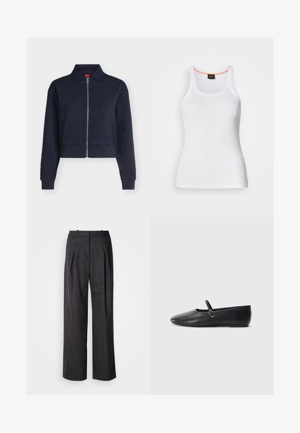 Marineblaue gesteppte Jacke mit durchgehendem Reißverschluss vorne, Kragen, langen Ärmeln und angepassten Bündchen, taillenkurz geschnitten.; Weißes, geripptes Tanktop mit rundem Ausschnitt, das ein schmales Trägerdesign und einen orangefarbenen Akzent entlang des inneren Ausschnitts aufweist. Markenlogo sichtbar.; Dunkelgraue weite Hosen aus strukturiertem Stoff, mit vorderen Falten und einem klassischen Taillendesign. Keine sichtbaren Taschen.; Schwarze Leder-Ballettschuhe mit spitzem Schuhzeug, flacher Sohle und einem kleinen Riemen mit silberner Schnalle.