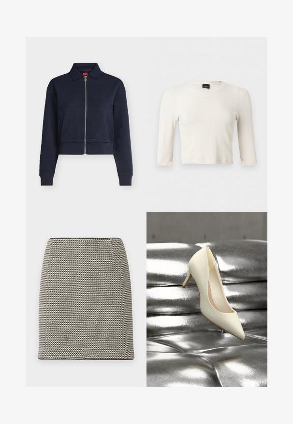 Veste matelassée bleu marine avec fermeture éclair complète devant, col, manches longues et poignets ajustés, courte à la taille.; Top court à manches longues pour femme en maille côtelée blanche avec encolure ronde et petit logo de marque brodé sur la poitrine.; Mini-jupe droite à motif pied-de-poule noir et blanc, taille haute, sans ornements ni poches visibles.; Une chaussure à talon haut couleur crème posée sur un canapé en cuir argenté brillant matelassé.