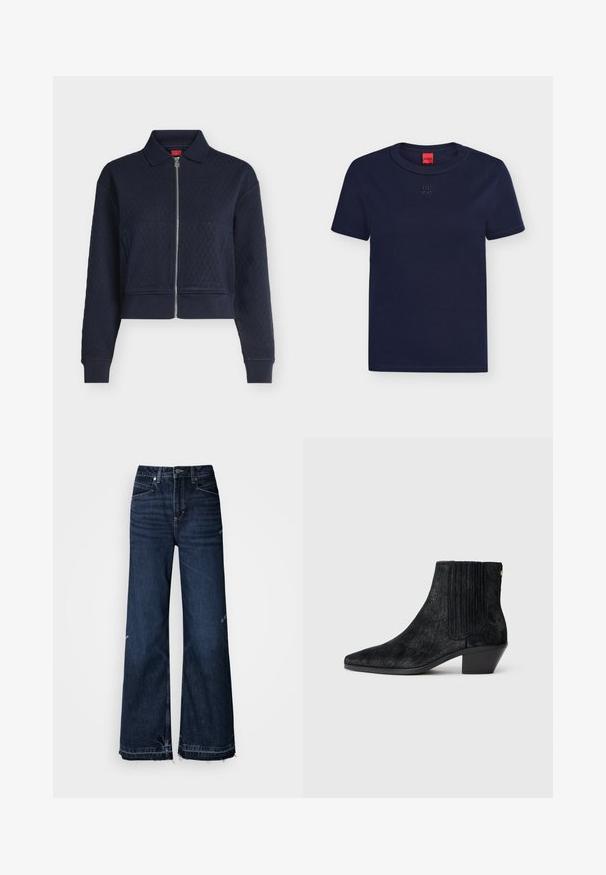 Veste matelassée bleu marine avec fermeture éclair complète devant, col, manches longues et poignets ajustés, courte à la taille.; T-shirt bleu marine à manches courtes et col rond avec un logo "HUGO" discrètement embossé sur la poitrine et une étiquette rouge à l'intérieur du col.; Jean taille haute à jambes larges en denim foncé. Caractéristiques : ourlets effilochés et design à cinq poches avec surpiqûres visibles.; Bottine noire à bout pointu, en matériau texturé imitant les cheveux, avec un panneau latéral à nervures et un petit talon carré. Un design simple et moderne.