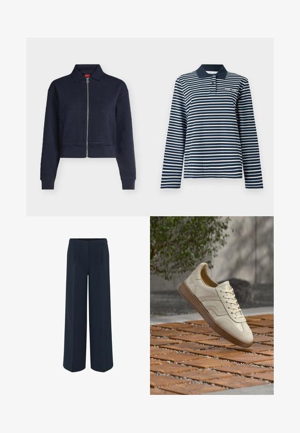 Veste matelassée bleu marine avec fermeture éclair complète devant, col, manches longues et poignets ajustés, courte à la taille.; Polo à manches longues à rayures bleu marine et blanches, en coton, avec un col boutonné et un petit logo sur la poitrine.; Pantalons large en bleu marine foncé, présentant un tissu lisse, des plis tailleur et une taille haute. Pas de poches visibles ni de décorations.; Baskets couleur crème avec une semelle extérieure en caoutchouc beige texturée, un design à lacets et un marquage subtil sur le côté. Tige en cuir lisse.