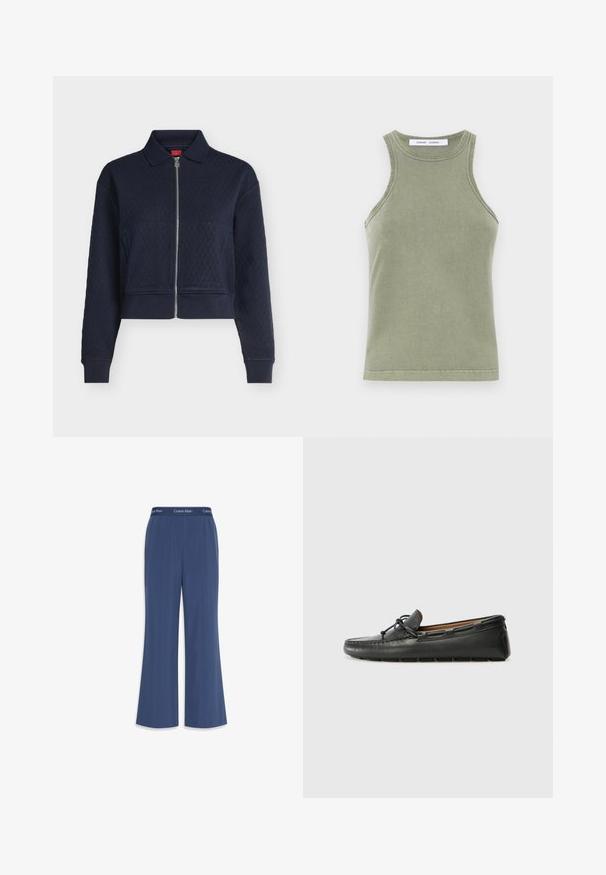 Marineblaue gesteppte Jacke mit durchgehendem Reißverschluss vorne, Kragen, langen Ärmeln und angepassten Bündchen, taillenkurz geschnitten.; Olivgrünes Tanktop aus weicher Baumwolle, mit Rundhalsausschnitt, ärmellosem Design und genähten Kanten. Schlichte, taillierte Form.; Marinefarbene weite Hosen aus weichem Stoff mit glatter Textur. Mit einem elastischen Bund, der mit dem "Calvin Klein"-Logo am oberen Rand versehen ist.; Schwarze Lederbootsschuhe mit rundem Zehenbereich, gestickten Details, kleinem Schleifenakzent und Gummisohle. Glatte Textur und schlankes Design.