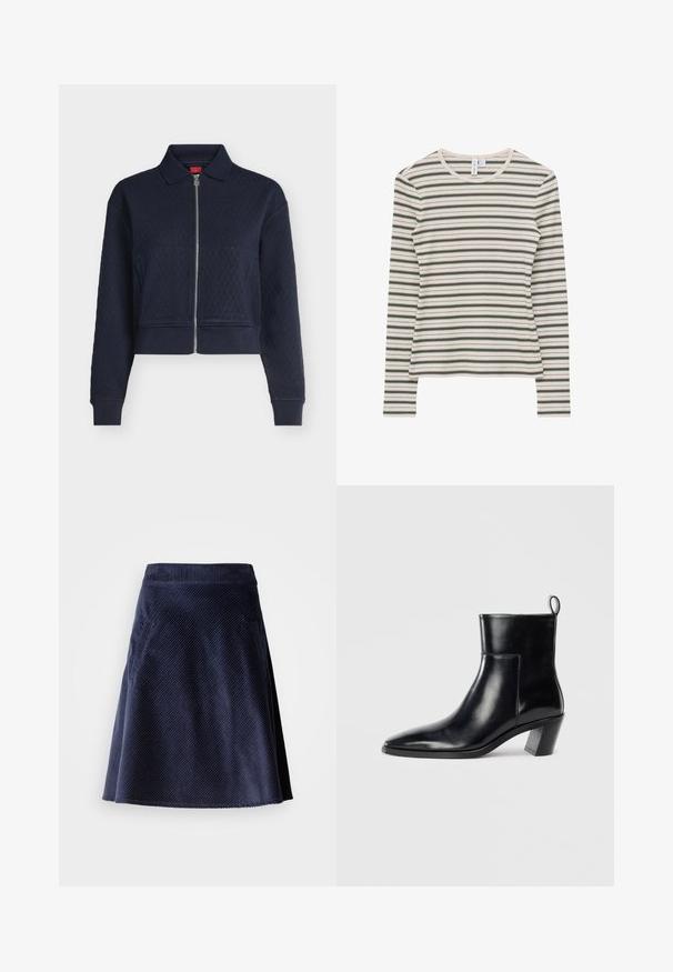 Marineblaue gesteppte Jacke mit durchgehendem Reißverschluss vorne, Kragen, langen Ärmeln und angepassten Bündchen, taillenkurz geschnitten.; Langärmeliges cremefarbenes Hemd mit dünnen schwarzen und grauen horizontalen Streifen, Rundhalsausschnitt und sichtbarem Markenschild innen am Kragen.; Navy Corduroy-Rock mit ausgestellter Form, diagonal gerippter Textur und zwei seitlichen Taschen. Kürzere Saumlinie mit rohem Rand.; Schwarze Leder-Ankleboots mit spitzem Zeh, geometrischem Blockabsatz und einem Zugband hinten. Glatte Textur und elegantes Design.