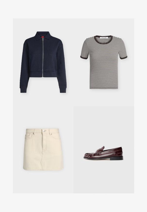 Veste matelassée bleu marine avec fermeture éclair complète devant, col, manches longues et poignets ajustés, courte à la taille.; T-shirt à manches courtes rayé noir et blanc horizontal avec col et poignets côtelés noirs, posé à plat sur un fond clair.; Mini-jupe en denim écru avec passants de ceinture, fermeture par boutons sur le devant et deux poches avant sur un fond uni.; Mocassin penny en cuir bordeaux avec semelle noire et détail en métal doré sur le dessus, présenté en vue latérale sur fond blanc.