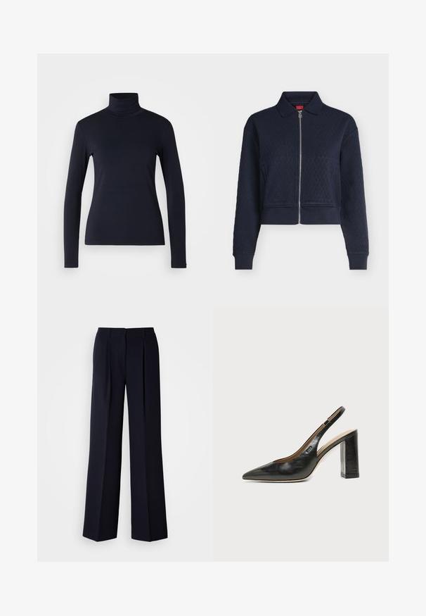 Veste matelassée bleu marine avec fermeture éclair complète devant, col, manches longues et poignets ajustés, courte à la taille.; Haut à col roulé bleu marine à manches longues. Fabriqué en tissu doux avec une texture lisse. Présente un design ajusté et un col haut sans coutures visibles.; Pantalon large marine avec plis, réalisé en tissu lisse. Doté d'une ceinture ajustée et d'une silhouette épurée.; Chaussure slingback en cuir noir à bout pointu avec un talon bloc haut et une doublure intérieure beige sur un fond clair uni.