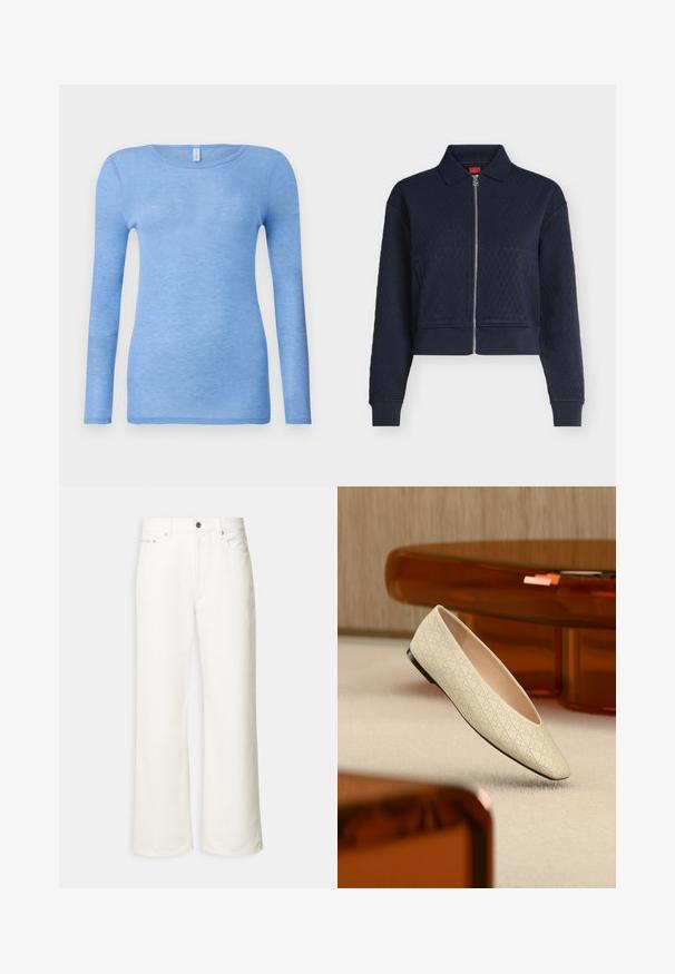 Marineblauwe doorgestikte jas met volledige ritssluiting aan de voorkant, kraag, lange mouwen en aansluitende manchetten, kort tot op de taille.; Lichtblauwe t-shirt met lange mouwen in een zachte, lichte stof. Heeft een ronde hals en een aansluitend ontwerp. Geen zichtbare patronen of accenten.; Witte jeans met wijde pijpen, voorste knoopsluiting, riemlussen en een ontwerp met vijf zakken.; Beige platte schoen met geometrische perforaties, zwevend boven een licht tapijt in een kamer met amberkleurige meubels.
