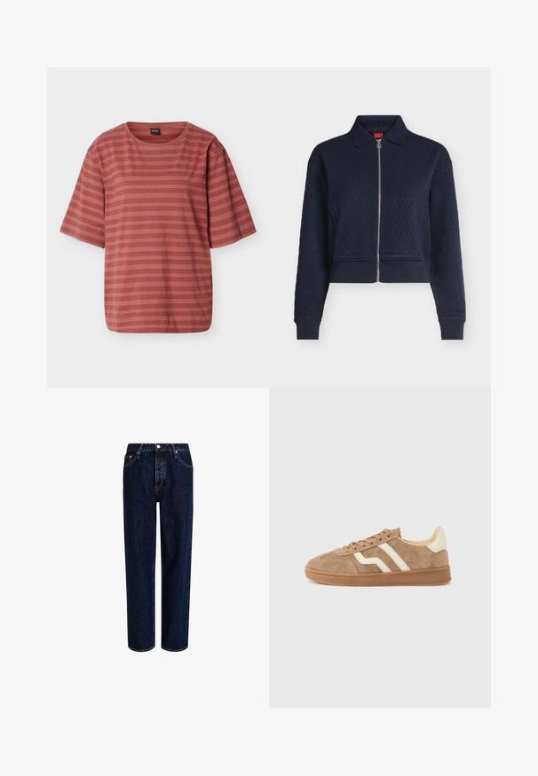 Veste matelassée bleu marine avec fermeture éclair complète devant, col, manches longues et poignets ajustés, courte à la taille.; T-shirt à manches courtes couleur rouille avec de fines rayures horizontales blanches et un petit logo brodé sur le côté gauche de la poitrine.; Jeans en denim bleu foncé avec une coupe droite, dotés d'une taille haute, d'un style à cinq poches et de coutures contrastantes. Sans embellissements.; Baskets en daim marron avec rayures blanches en accent, bout arrondi, intérieur beige et semelle extérieure en caoutchouc. Lacets à surface texturée.