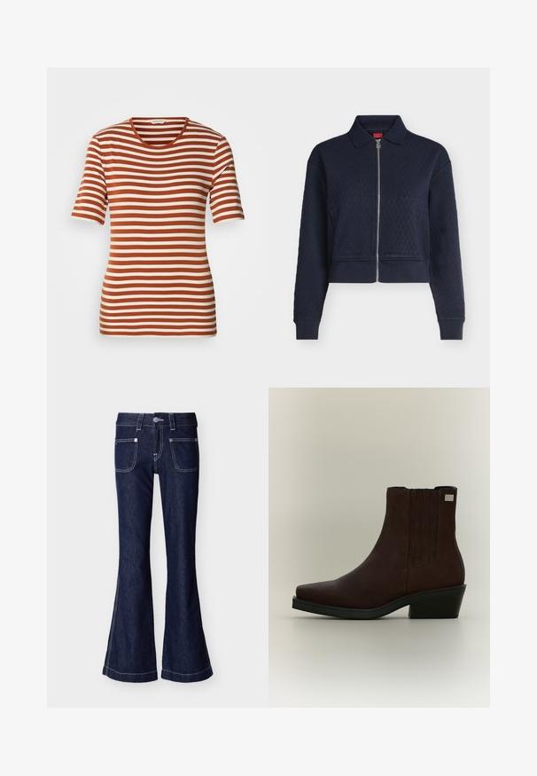 Veste matelassée bleu marine avec fermeture éclair complète devant, col, manches longues et poignets ajustés, courte à la taille.; T-shirt rayé présentant des couleurs rouille et crème alternées, à manches courtes, un col rond et un tissu doux et texturé.; Jean évasé bleu foncé avec poches avant plaquées, surpiqûres blanches contrastantes, passants de ceinture et fermeture à bouton métallique à la taille.; Bottine en daim marron foncé avec petit talon, panneaux latéraux élastiques et bout carré sur fond gris clair.