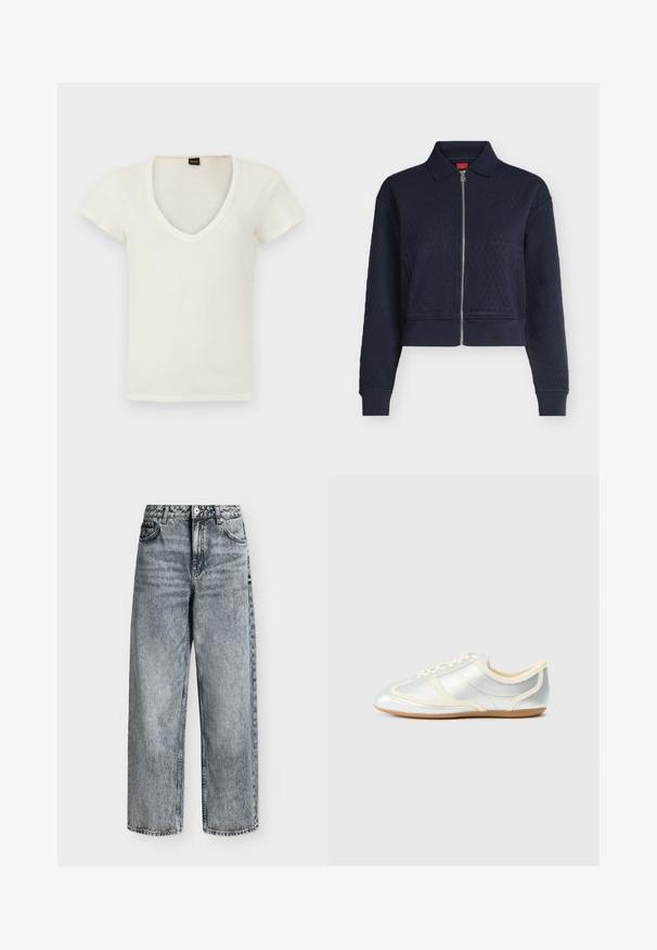 Veste matelassée bleu marine avec fermeture éclair complète devant, col, manches longues et poignets ajustés, courte à la taille.; T-shirt blanc à manches courtes avec col en V et étiquette "BOSS" noire et orange à l'intérieur du col, présenté sur un fond clair uni.; Jean taille haute à jambes droites en denim gris délavé avec poches avant, passants de ceinture et fermeture par bouton.; Baskets synthétiques argentées avec accents crème, profil bas, bout arrondi et semelle en caoutchouc plate ; dotées de coutures classiques et d'une fermeture à lacets.