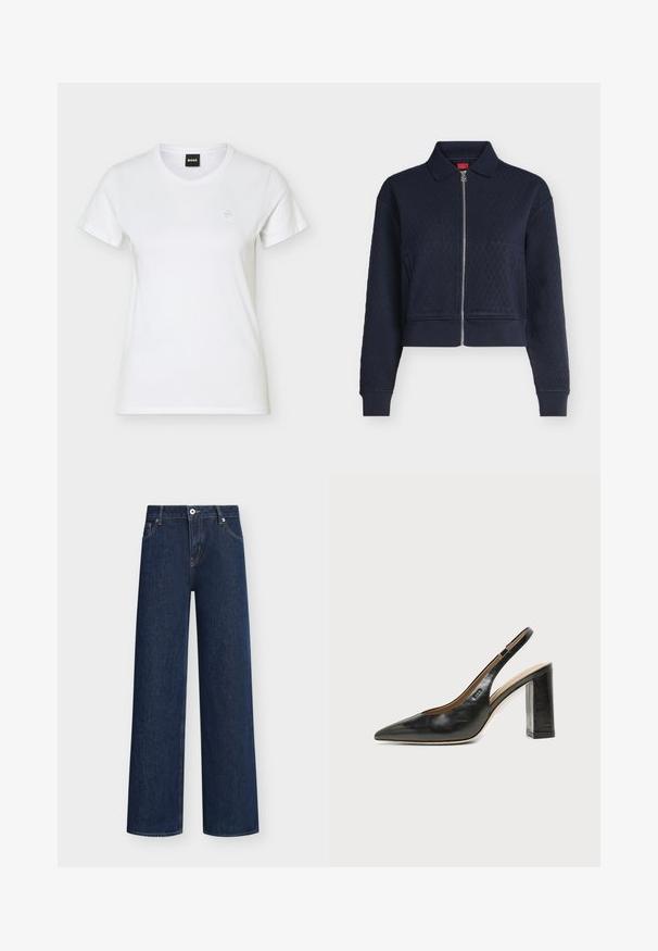 Veste matelassée bleu marine avec fermeture éclair complète devant, col, manches longues et poignets ajustés, courte à la taille.; T-shirt blanc à manches courtes avec col rond, petit logo en relief sur le côté gauche de la poitrine et étiquette BOSS noire à l'intérieur du col.; Jean en denim bleu foncé coupe droite avec poches avant, passants de ceinture, fermeture par bouton et détails de couture visibles.; Chaussure slingback en cuir noir à bout pointu avec un talon bloc haut et une doublure intérieure beige sur un fond clair uni.
