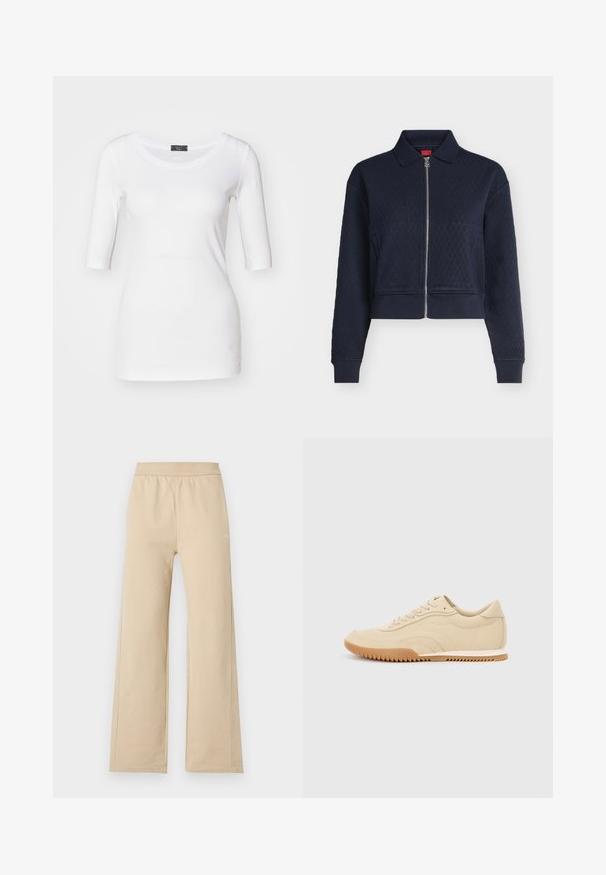 Veste matelassée bleu marine avec fermeture éclair complète devant, col, manches longues et poignets ajustés, courte à la taille.; T-shirt ajusté blanc avec des manches trois quarts, texture douce, encolure ronde et un détail d'accent sur le côté près de l'ourlet.; Pantalon beige à jambes larges avec taille élastique et détails de couture minimalistes, présenté sur un fond clair uni.; Baskets en cuir beige avec une silhouette basse, des surfaces texturées et une semelle en caoutchouc gomme présentant un motif en zigzag pour une meilleure adhérence.