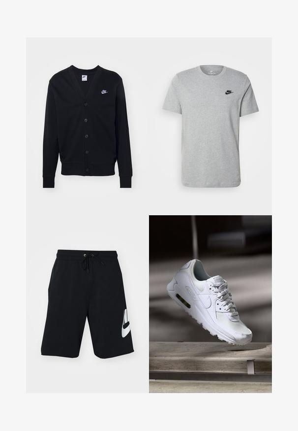 Cárdigan negro con cuello en V, cierre de botones y puños acanalados. Presenta un pequeño logo blanco de Nike en la zona del pecho izquierdo. Texture de tela suave.; Camiseta de manga corta gris de algodón, con un logo negro de Nike en el pecho y un cuello redondo. Diseño minimalista sin patrones.; Pantalones cortos de algodón negro con cintura elástica y cordón, bolsillos laterales y gran logo blanco de Nike impreso en el muslo izquierdo. Diseño atlético clásico.; Zapatilla Nike Air Max 90 blanca con parte superior de malla y cuero, caja de puntera perforada y unidad de aire visible en el talón.