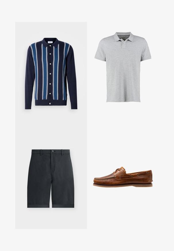 Marineblauwe long sleeve polo met afwisselende dunne en dikke strepen in blauw en wit. Kenmerkt zich door een knoopsluiting aan de voorkant en een klassieke kraag.; Grijze polo met korte mouwen, gemaakt van zachte stof, met een twee-knops sluiting en een subtiel ribbelkraagdesign.; Zwarte knielange shorts met omgeslagen zomen, knoopsluiting, riemlussen en een vlak voorkant ontwerp op een effen witte achtergrond.; Brown leren botenschoen met gestikte accenten, voorzien van metalen oogjes, een verhoogde naad op de neus en een platte rubberen zool.
