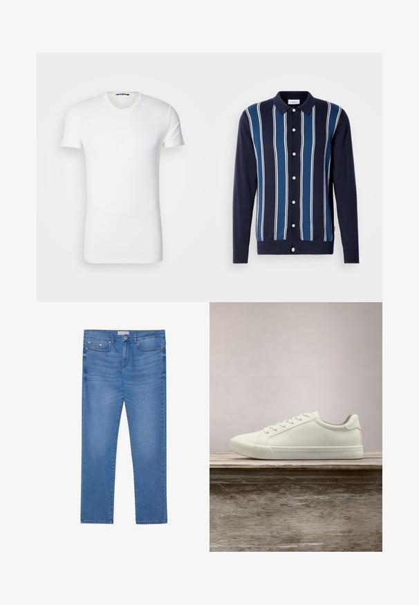 Mørkeblå langærmet polo med vekslende tynde og tykke striber i blå og hvid. Har en knaplukning foran og en klassisk krave.; Hvid bomulds T-shirt med korte ærmer, rund halsudskæring og broderet logo på brystet. Glat tekstur og tætsiddende design.; Lyseblå denimjeans med lige ben, femlommes design, subtil falming og metalbeslag ved taljen og lommerne.; Hvide snørresneakers svævende over en træbænk med grønne planter i baggrunden, der fremhæver skodesign og tekstur.