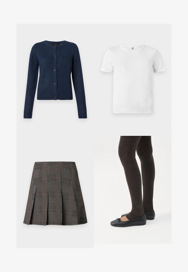 Marineblå cardigan lavet af blødt, tekstureret stof, med rund halsudskæring, lange ærmer og seks sorte knapper foran.; Hvid kortærmet t-shirt med ribbet tekstur. Klassisk crew neckline, ingen synlige logoer eller mønstre, og et simpelt, rent design.; Gråternet nederdel med plisseringer, prydet med intrikate mønstre i sort og hvid, akkompagneret af tynde røde linjer. Fremstillet af et struktureret stof.; Ben iført mørke ribbede leggings kombineret med sorte balletsko med små sløjfedetaljer på hvid baggrund.