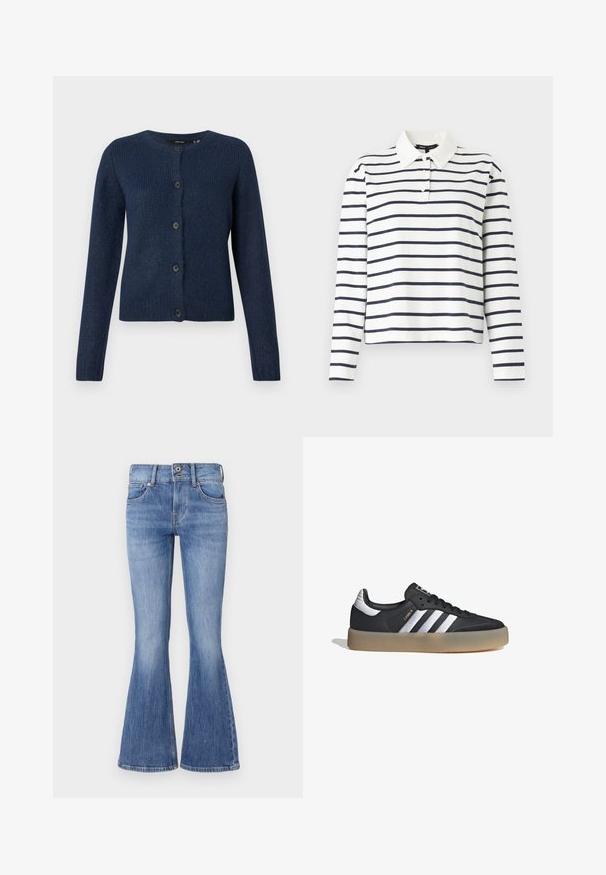 Cárdigan azul marino hecho de una suave tela texturizada, con un cuello redondo, mangas largas y seis botones negros en la parte delantera.; Camisa polo de manga larga en blanco con rayas horizontales en navy, con un cuello tipo polo y tapeta de tres botones. Material de algodón.; Vaqueros de denim azul de corte acampanado con una cintura de media altura, cinco bolsillos y un lavado claro. Presentan un suave desvanecimiento y costuras en contraste.; Zapatilla deportiva de cuero negro con tres rayas plateadas, punta texturizada y suela de goma. Cuenta con un collar acolchado y un diseño con cordones.