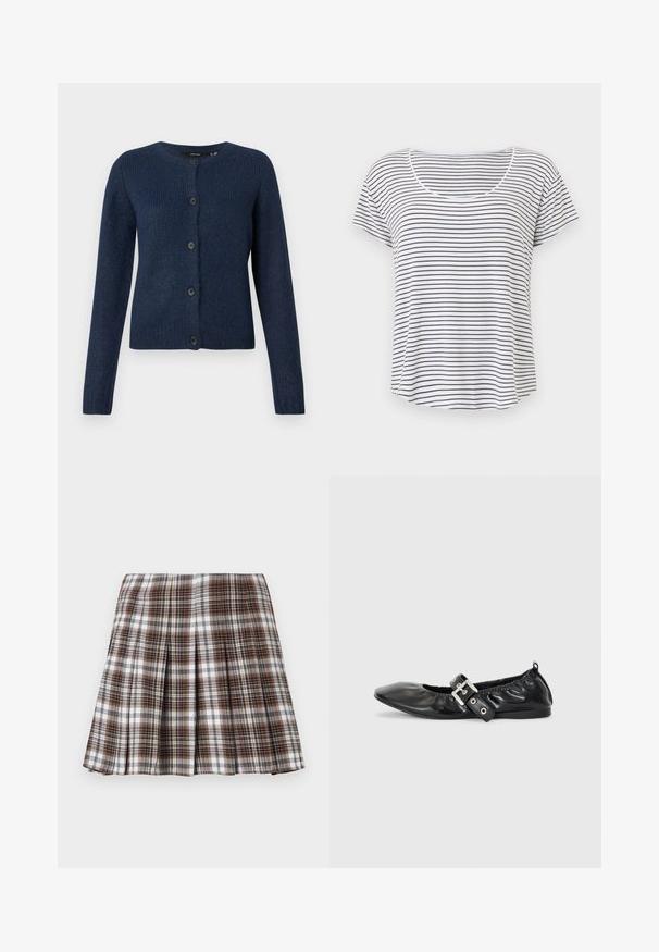 Cárdigan azul marino hecho de una suave tela texturizada, con un cuello redondo, mangas largas y seis botones negros en la parte delantera.; Camiseta blanca de manga corta con finas rayas horizontales negras y cuello redondeado, mostrada sobre un fondo blanco liso.; Falda plisada de cuadros marrones y blancos con un diseño estructurado y una textura nítida, que presenta una cintura alta y múltiples pliegues verticales.; Zapato plano de piel negra con puntera afilada, detalle fruncido alrededor de la abertura y un acento de hebilla plateada en la correa ajustable.