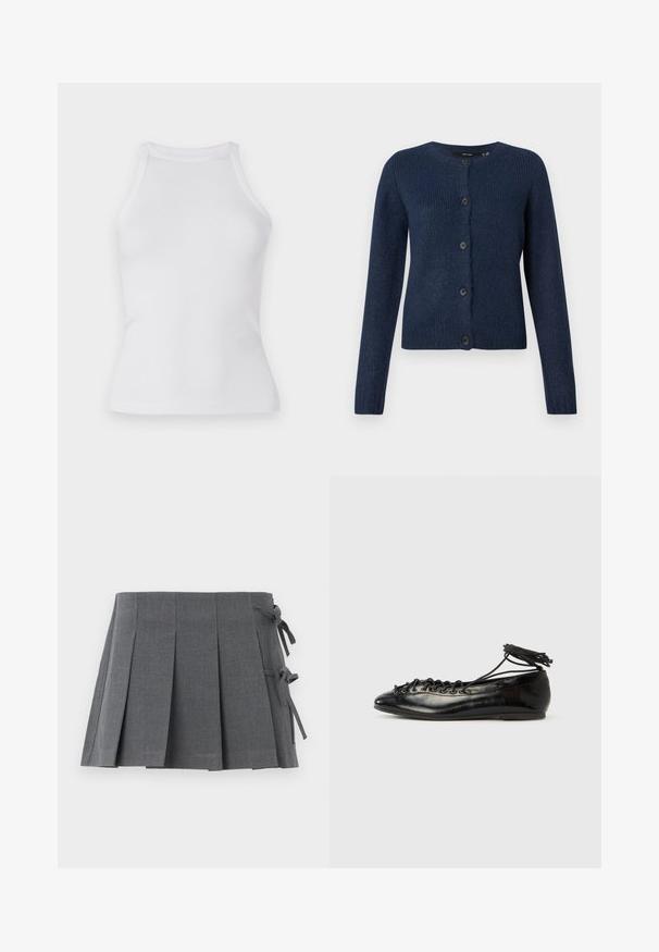 Cárdigan azul marino hecho de una suave tela texturizada, con un cuello redondo, mangas largas y seis botones negros en la parte delantera.; Camiseta sin mangas de canalé blanca con un diseño ajustado y escote redondo. Fabricada con una tela elástica para mayor comodidad y facilidad de movimiento.; Minifalda plisada gris en un tejido texturizado, que presenta un cierre anudado en un lado y una cintura lisa para mayor comodidad.; Zapatos planos tipo ballet de charol negro con punta redondeada, diseño con cordones y suela plana. Textura lisa con detalles mínimos.