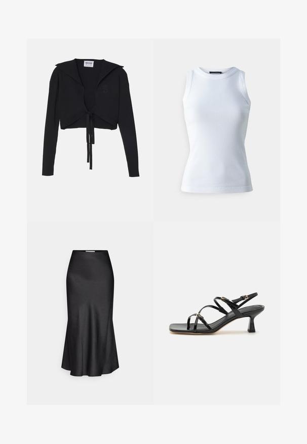 Pull cropped noir à côtes avec manches longues, large col et détail de nœud à l'avant. Présente un logo en forme de cœur discret sur la poitrine.; T-shirt sans manches blanc en tissu côtelé, avec un col rond et une silhouette ajustée. Texture lisse, sans motifs ni accents visibles.; DRYKORN NEVIDA - Jupe longue - black; Sandales à strapes en cuir verni noir avec un bout carré et un petit talon carré. Présente des accessoires en métal doré et des brides de cheville réglables.