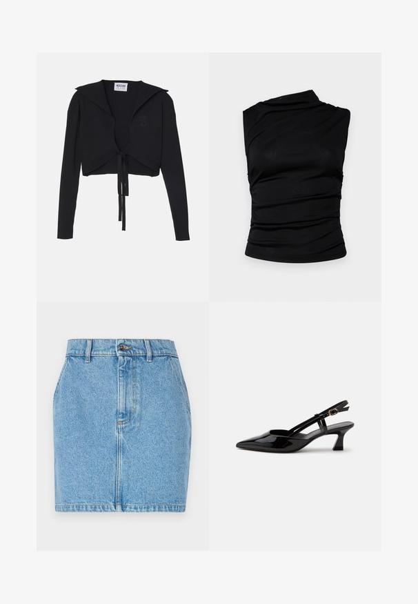 Pull cropped noir à côtes avec manches longues, large col et détail de nœud à l'avant. Présente un logo en forme de cœur discret sur la poitrine.; Haut sans manches noir avec encolure asymétrique, présentant un tissu froncé pour ajouter de la texture et une silhouette ajustée. Matière lisse et extensible.; Jupe en denim bleu clair, avec un design ajusté, un style à cinq poches et des coutures contrastées. Le matériau a une finition texturée.; Chaussure slingback en cuir verni noir à petit talon, bout pointu et bride réglable avec boucle dorée sur fond blanc.