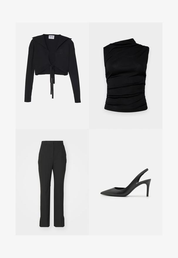 Pull cropped noir à côtes avec manches longues, large col et détail de nœud à l'avant. Présente un logo en forme de cœur discret sur la poitrine.; Haut sans manches noir avec encolure asymétrique, présentant un tissu froncé pour ajouter de la texture et une silhouette ajustée. Matière lisse et extensible.; Pantalon noir sur mesure, coupe droite, plis à l'avant, en tissu lisse, avec fentes sur les côtés à l'ourlet.; Escarpins à talon aiguille en cuir noir, avec un design à bout pointu, présentant une découpure à l'avant et un talon fin.