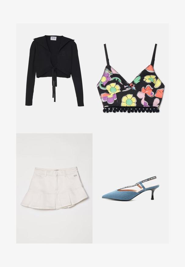 Sort ribbet cropped sweater med lange ærmer, bred krave og frontknude. Har et diskret hjerte-logo på brystet.; Multifarvet blomsterprint bralette med sort baggrund, trekantede skåle og sort pom-pom kant langs bunden. Justerbare stropper inkluderet.; Hvid denimnederdel med en tætsiddende talje og en udvidet plisseret kant. Inkluderer forlommer og en lille logo detalje på taljen.; Blå spids slingback kitten heel med sort rem med hvid "Love Moschino" tekst på lys baggrund.
