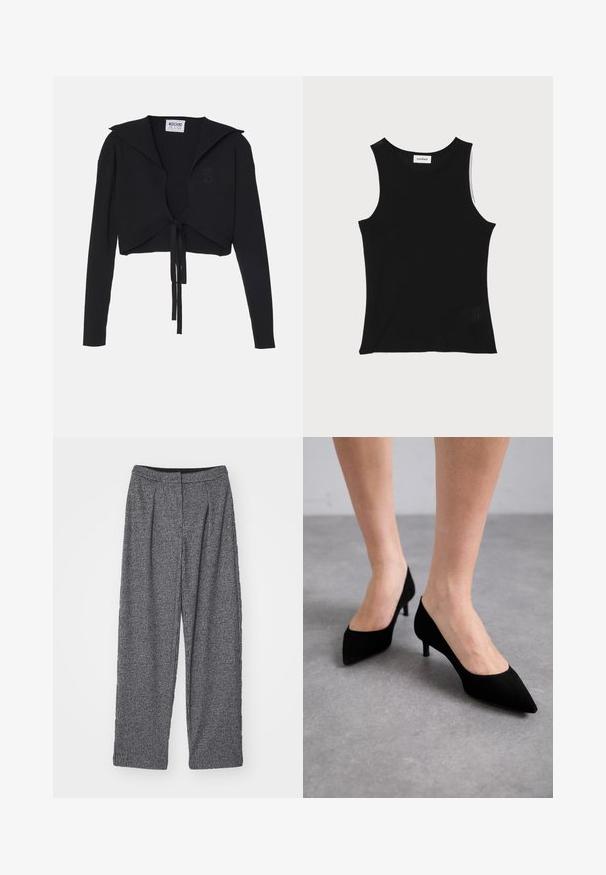Pull cropped noir à côtes avec manches longues, large col et détail de nœud à l'avant. Présente un logo en forme de cœur discret sur la poitrine.; Débardeur noir à côtes avec un encolure ronde et de larges bretelles, présentant une finition texturée subtile et un petit détail en mesh au bas.; Pantalon gris à carreaux avec une taille haute, une coupe évasée et des plis. Fabriqué en tissu texturé avec un motif monochrome.; Talons aigus en daim noir avec un talon moyen slim et classique, et une large ouverture, présentés sur des pieds nus sur un fond gris.