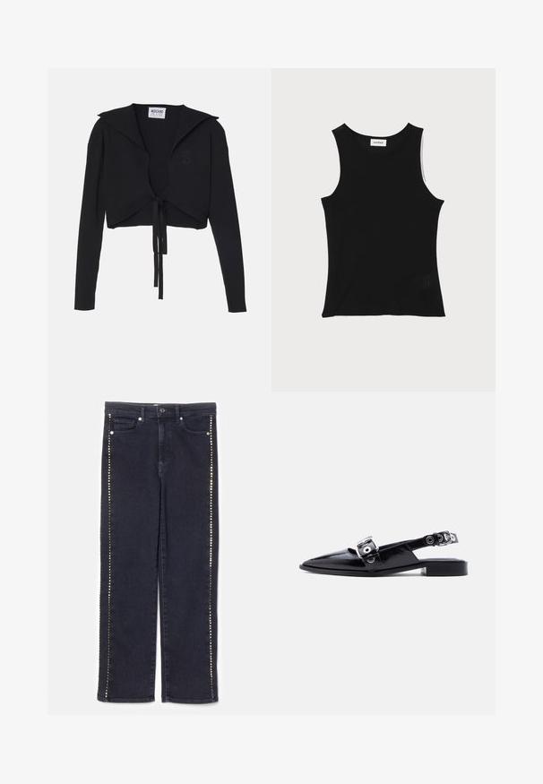 Zwarte geribbelde cropped sweater met lange mouwen, brede kraag en strikdetail aan de voorkant. Bevat een subtiele hartlogo op de borst.; Zwarte geribbelde tanktop met een ronde halslijn en brede schouderbanden, met een subtiele textuurafwerking en een klein gaasdetail aan de zoom.; Donkerdenim jeans met een rechte pijpdesign en een rij metalen studs langs de zijnaden, wat een onderscheidende accent geeft.; Zwarte platte puntige schoen van lakleer met dubbele zilveren gespen en een slingback hak, op witte achtergrond.